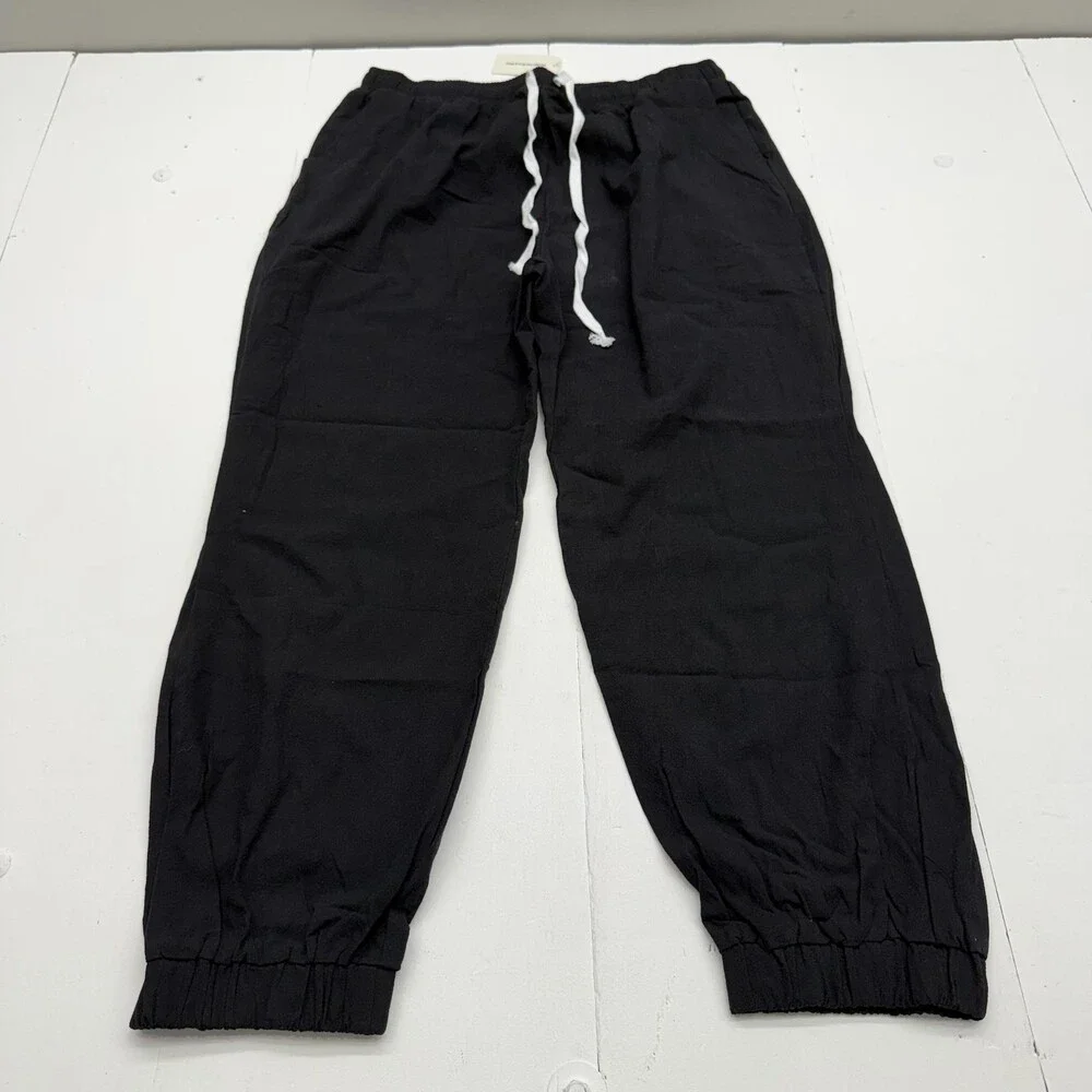 Ouku Jogger Pants Mens XXL Black Linen Cotton Relaxed Fit Drawstring Cuffed